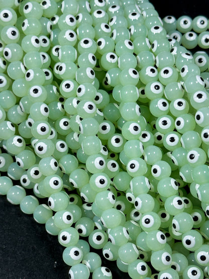 Beautiful Light Green Evil Eye Glass Beads 6mm 8mm Round Beads, Beautiful Light Green Evil Eye Amulet Glass Beads, Full Strand Glass Beads