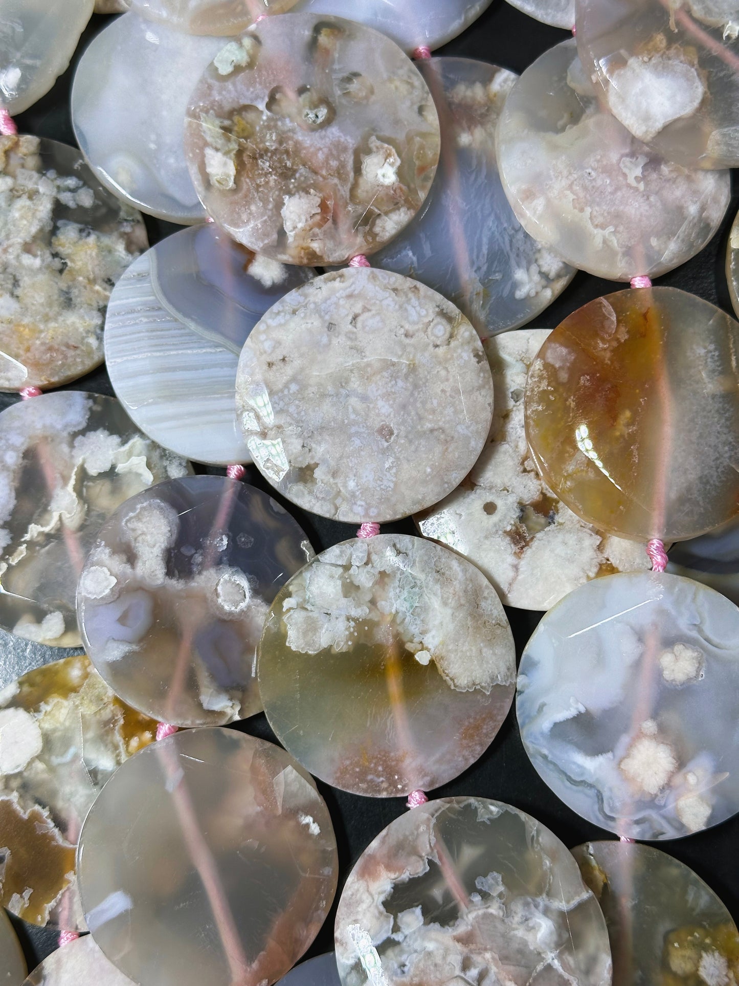 AAA Natural Cherry Blossom Flower Agate Gemstone Bead Faceted 51mm Coin Shape, Gorgeous Natural Creamy Pink Beige Color Flower Agate 15.5"