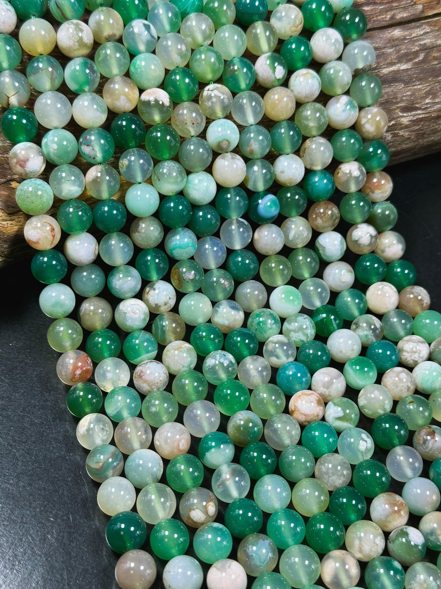 AAA Natural Green Blossom Flower Agate 6mm 8mm 10mm Round Beads, Beautiful Green Beige Color Flower Agate Beads, Excellent Quality Full Strand 15.5"