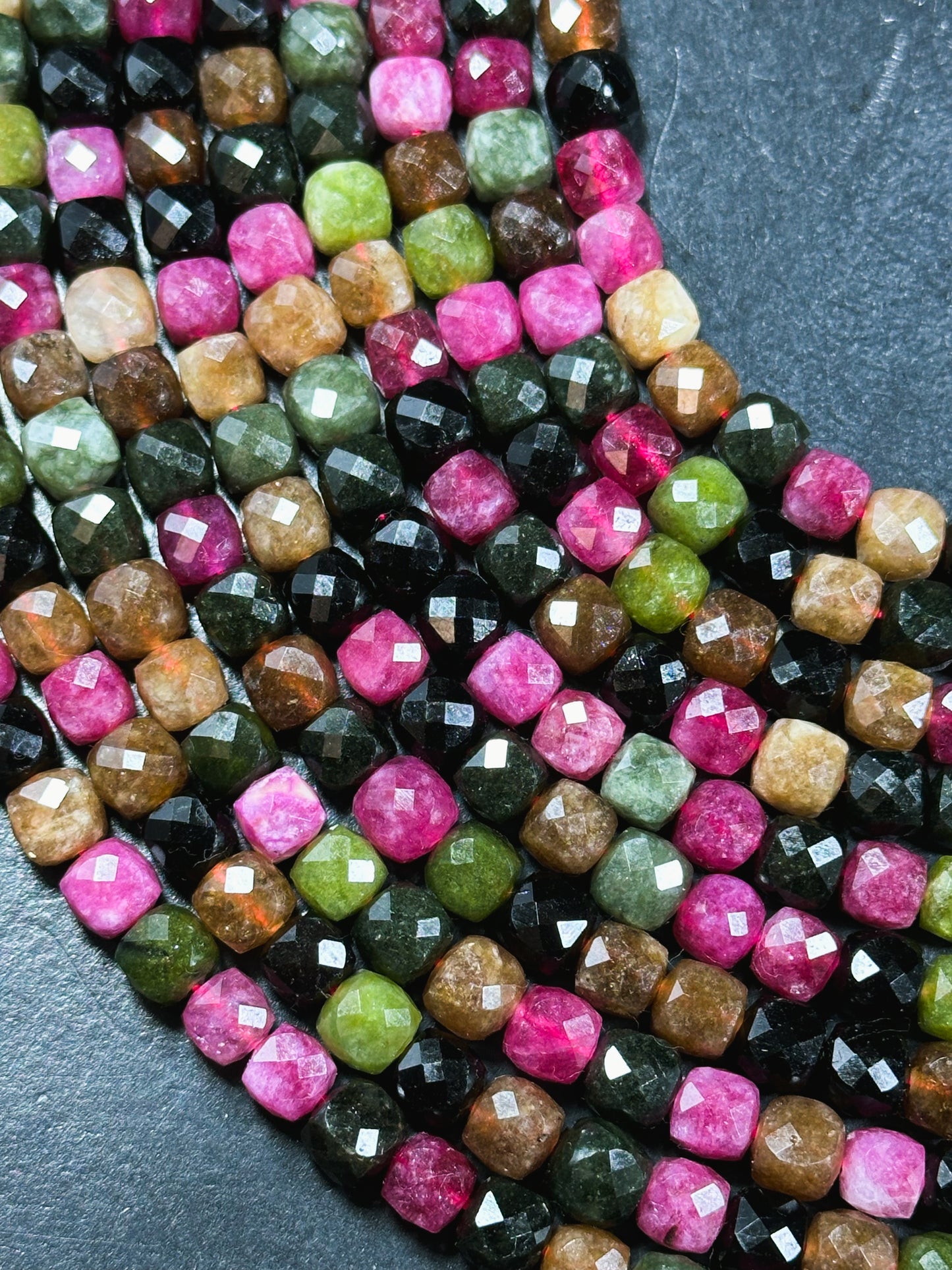 Natural Tourmaline Gemstone Bead Faceted 5mm 7mm Cube Shape, Beautiful Multicolor Black Pink Green Brown Tourmaline Bead, Full 15.5" Strand