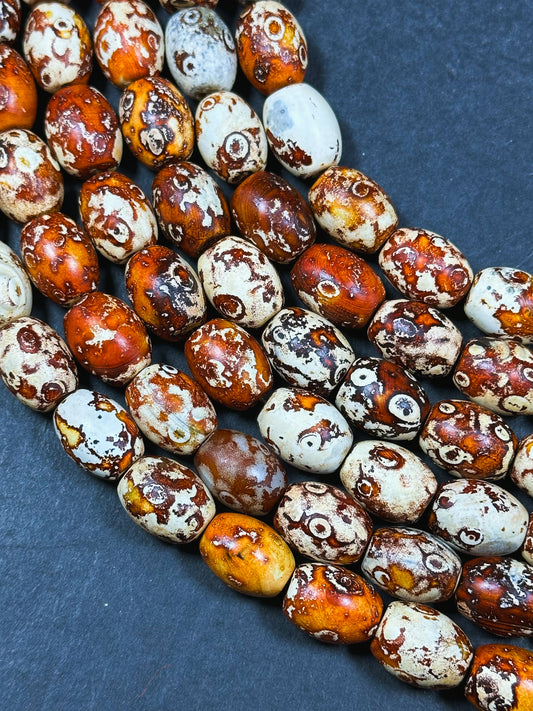 AAA Natural Tibetan Gemstone Bead 12x16mm Barrel Shape, Beautiful Orange Brown Hand Painted Tibetan Stone Bead, Excellent Quality 14" Strand