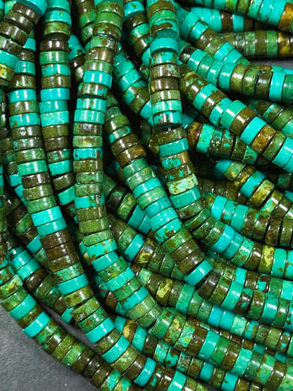 Natural Chinese Turquoise Gemstone Bead 8x3mm Heishi Shape, Beautiful Green Blue Brown Color Turquoise Beads, Great Quality 15.5" Strand