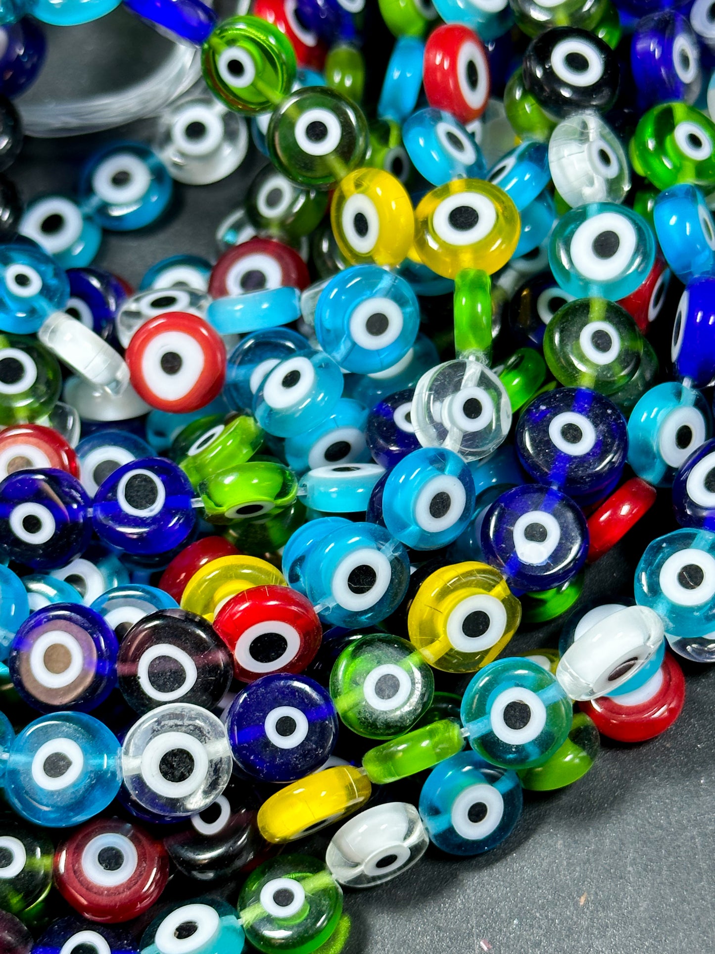 Beautiful Evil Eye Glass Beads 6mm 10mm Flat Coin Shape, Beautiful Multicolor Rainbow Evil Eye Glass Beads, Religious Amulet Prayer Beads