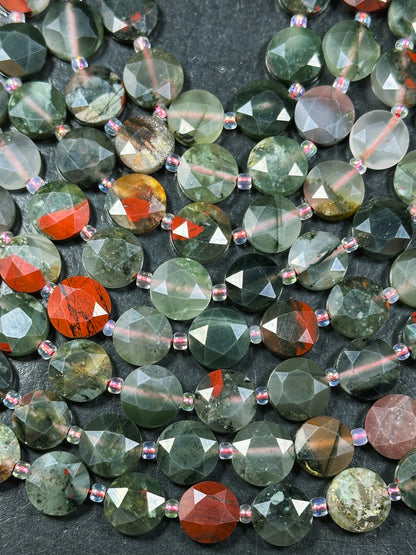 Natural African Bloodstone Gemstone Bead Faceted 10mm Coin Shape, Beautiful Natural Red Gray Green Color Bloodstone Bead, Full Strand 15.5"