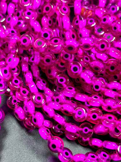 Beautiful Evil Eye Glass Beads 6mm 8mm Flat Coin Shape, Beautiful Hot Pink Magenta Color Evil Eye Beads, Religious Amulet Prayer Beads