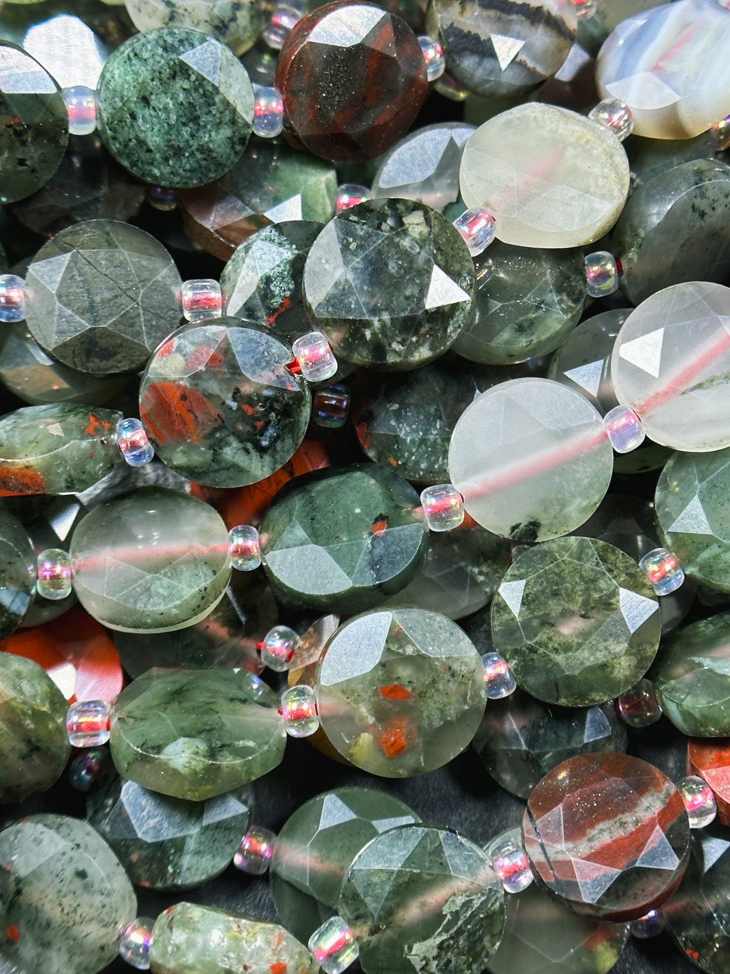 Natural African Bloodstone Gemstone Bead Faceted 10mm Coin Shape, Beautiful Natural Red Gray Green Color Bloodstone Bead, Full Strand 15.5"