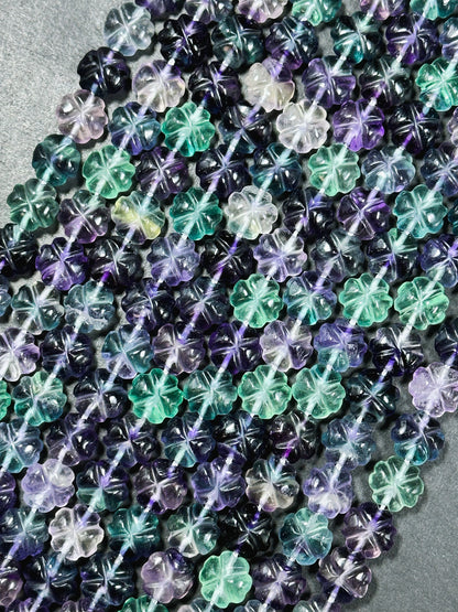 AAA Natural Fluorite Gemstone Bead, Hand Carved 12mm Flower Shape Bead, Beautiful Natural Purple Green Color Fluorite Bead Full Strand 15.5"