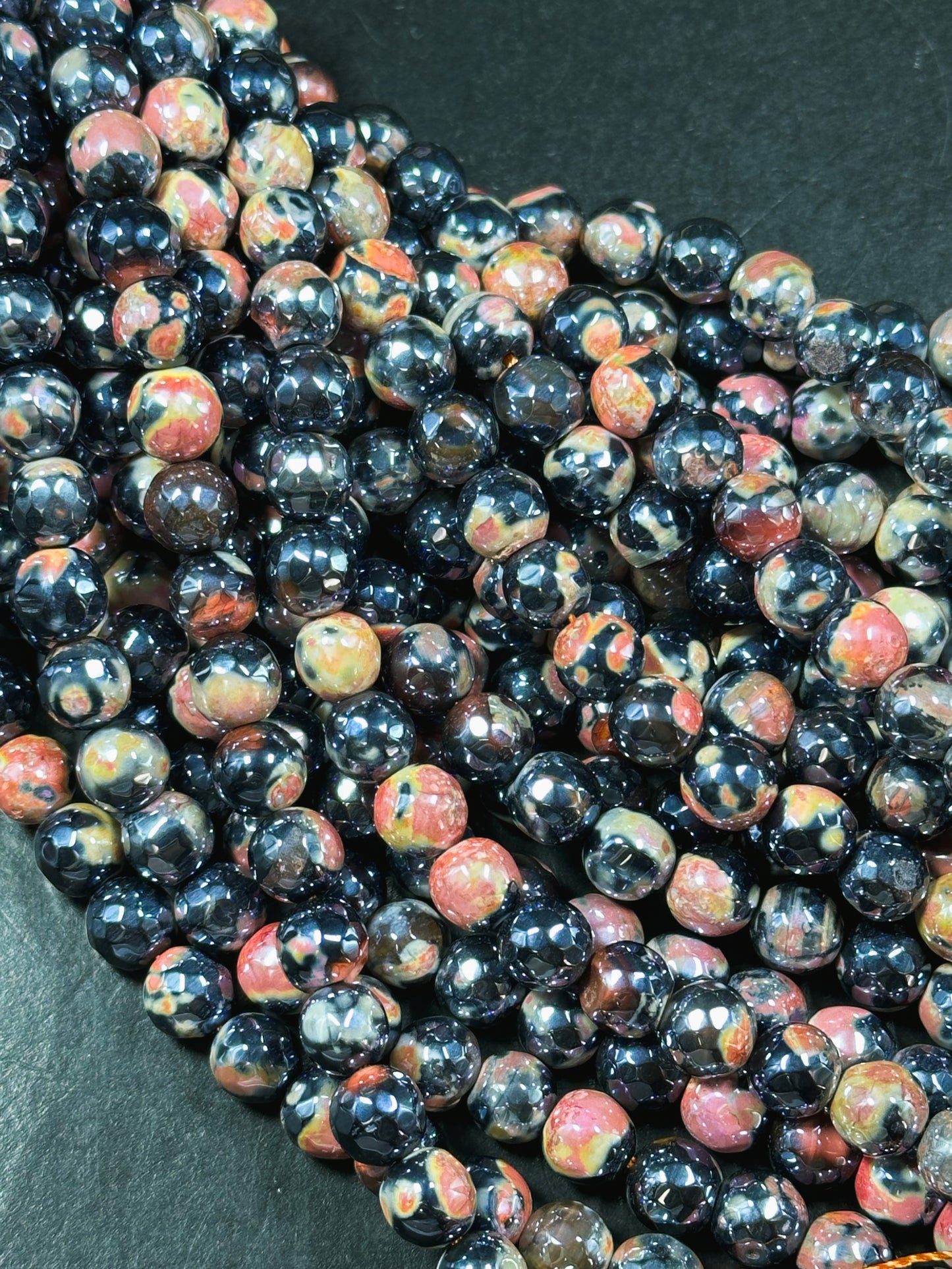 Mystic Natural Tibetan Agate Gemstone Bead Faceted 8mm 10mm Round Beads, Beautiful Mystic Orange Black Agate Stone Beads, Full Strand 15.5"