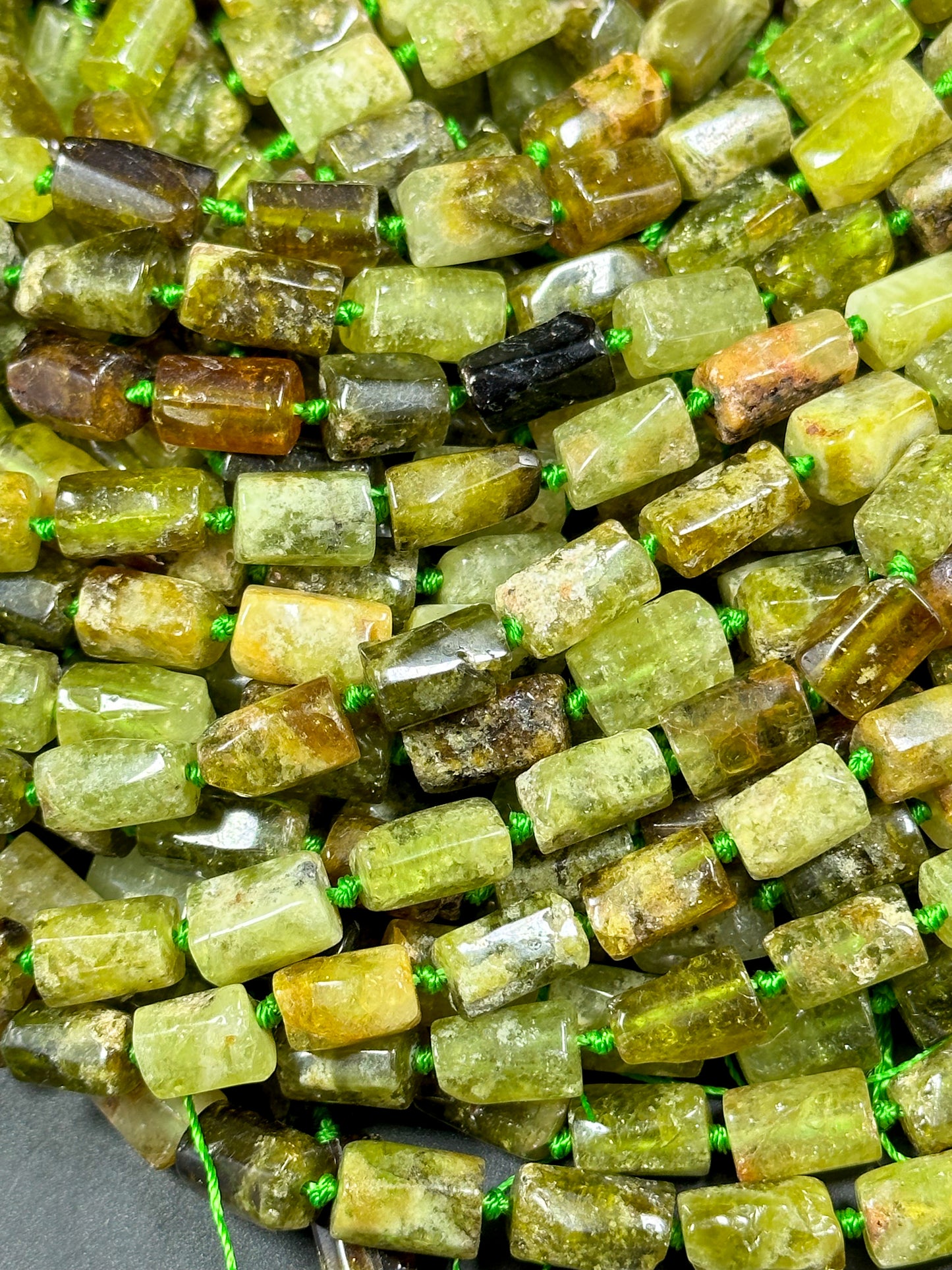 Natural Green Garnet Gemstone Bead Faceted 12x7mm Tube Shape, Beautiful Natural Green Brown Color Garnet Gemstone Bead Great Quality 15.5"