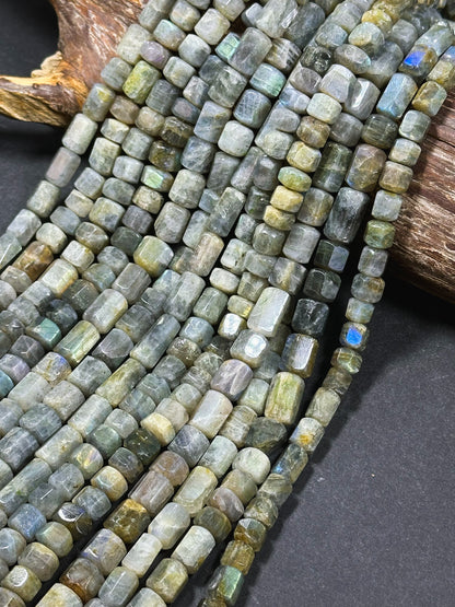 Natural Labradorite Gemstone Bead Faceted Tube Shape Bead, Gorgeous Natural Gray Brown Color, Blue Rainbow Flash Labradorite Beads 15.5"