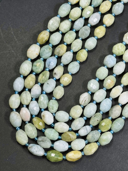 Natural Aquamarine Gemstone Bead Faceted 14x10mm Barrel Shape, Beautiful Natural Blue Green Color Aquamarine Great Quality Full Strand 15.5