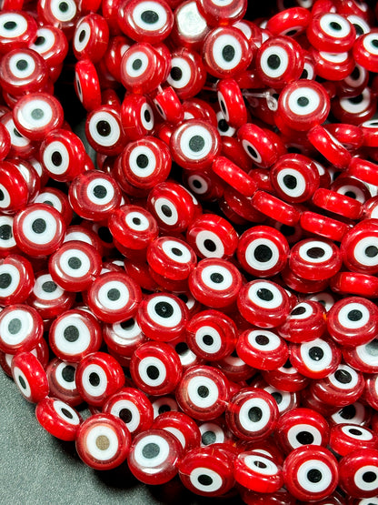 Beautiful Evil Eye Glass Beads 8mm 10mm Flat Coin Shape, Beautiful Dark Red Color Evil Eye Glass Beads, Religious Amulet Prayer Beads