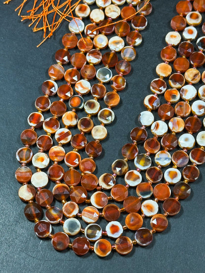 Natural Red Carnelian with Orca Agate Gemstone Bead Faceted 10mm Coin Shape Beads, Beautiful Natural Red Orange Color Carnelian Beads 15.5"