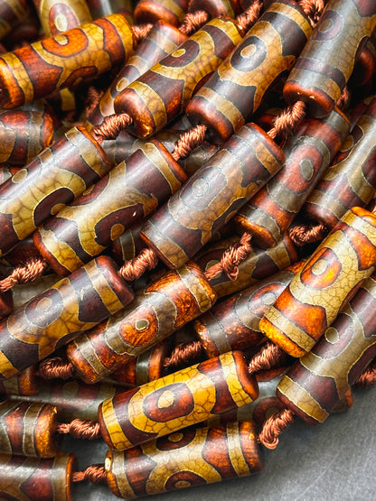 NATURAL Hand Painted Tibetan Agate Gemstone Bead 30x10mm Tube Shape Bead, Beautiful Brown Color Hand Painted Tibetan Beads Full Strand 15.5"