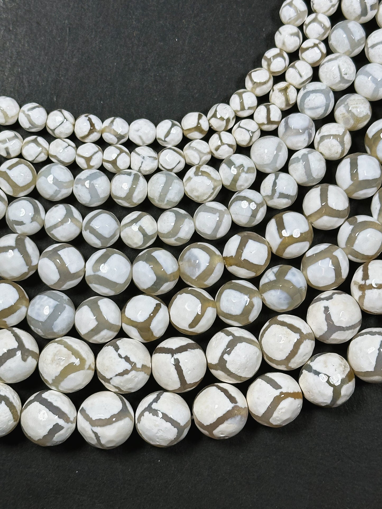 Natural White Hand Painted Tibetan Agate Gemstone Bead Faceted 6mm 8mm 10mm 12mm Round Beads, White Soccer Ball Design Full Strand 15.5"