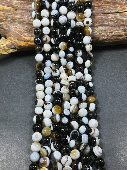 Natural Agate Gemstone Bead 12mm Round Beads, Beautiful Natural Multicolor White Brown Black Color Swirly Agate Gemstone Beads 15.5" Strand