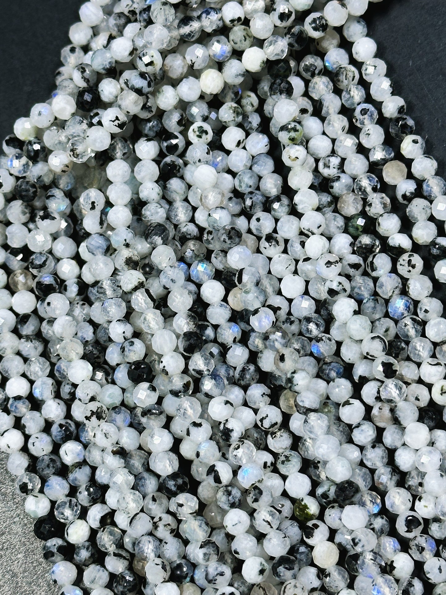 AAA Natural Blue Flash Moonstone Gemstone Bead Faceted 4.5mm Round Bead, Gorgeous Natural White Blue Flash Moonstone w/ Black Specks 15.5"