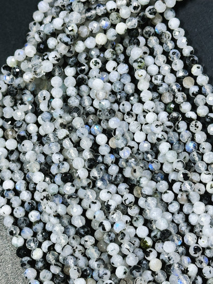 AAA Natural Blue Flash Moonstone Gemstone Bead Faceted 4.5mm Round Bead, Gorgeous Natural White Blue Flash Moonstone w/ Black Specks 15.5"