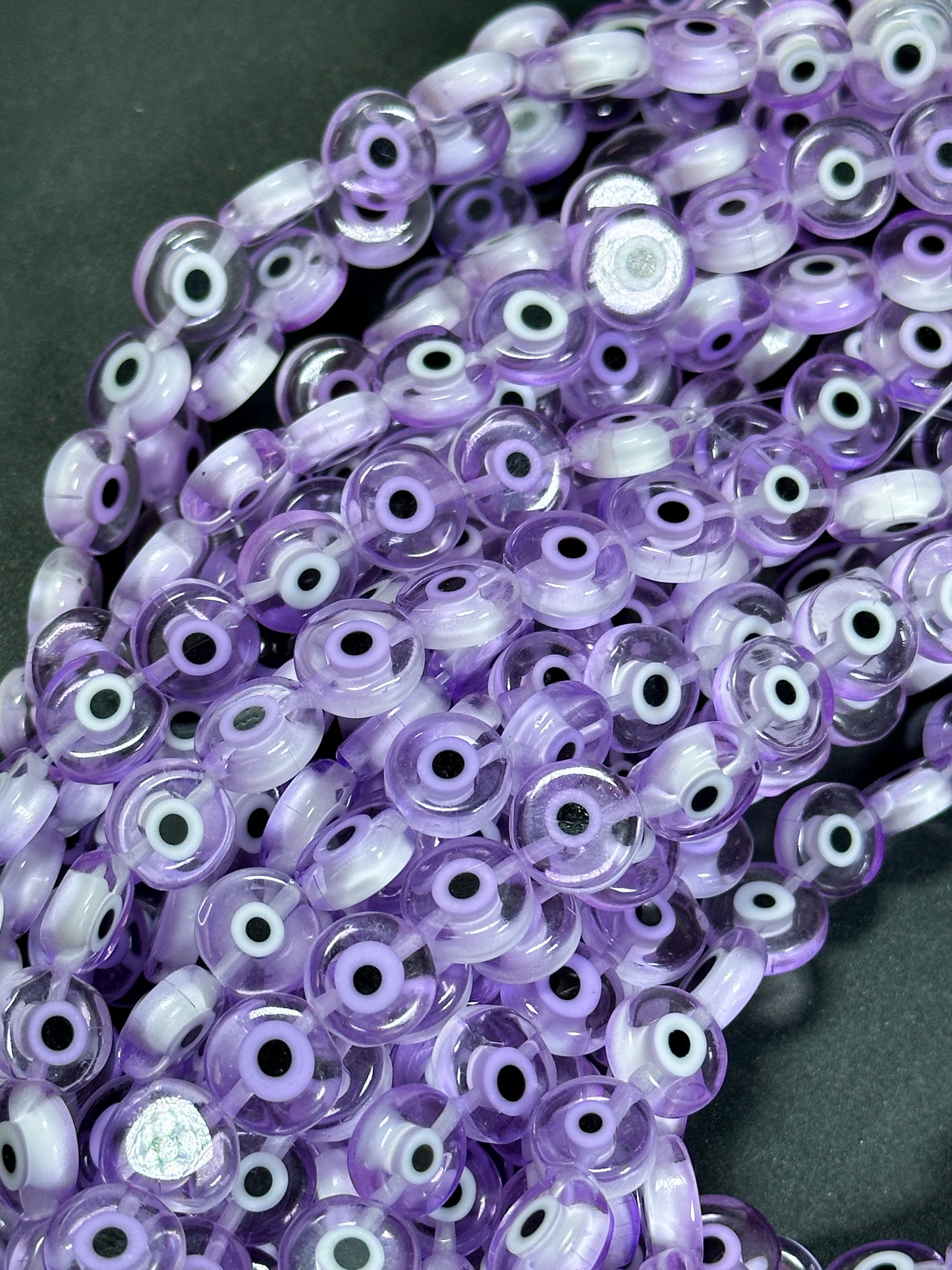 Beautiful Evil Eye Glass Beads 6mm 8mm 10mm Flat Coin Shape, Beautiful Purple Clear Color Evil Eye Glass Beads, Religious Amulet Prayer Beads