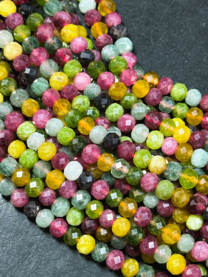 Natural Tourmaline Quartz Gemstone Bead Faceted Rondelle Shape Bead, Beautiful Multicolor Green Yellow Pink Tourmaline Quartz, 15.5" Strand