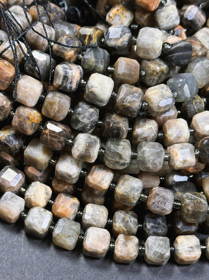 AAA Natural Black Moonstone Gemstone Bead, Faceted 8mm Cube Shape, Beautiful Black Brown Color Moonstone Beads Full Strand 15.5"