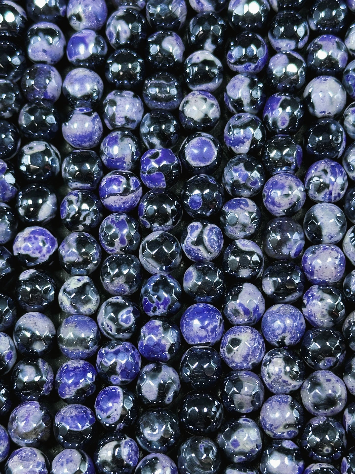 Mystic Natural Tibetan Agate Gemstone Bead Faceted 8mm 10mm Round Beads, Beautiful Mystic Purple Black Agate Stone Beads, Full Strand 15.5"