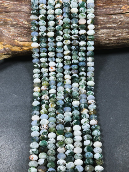 Natural Green Moss Agate Gemstone Bead Faceted Rondelle Shape Beads, Gorgeous Natural White Green Color Moss Agate Beads Full Strand 15.5"