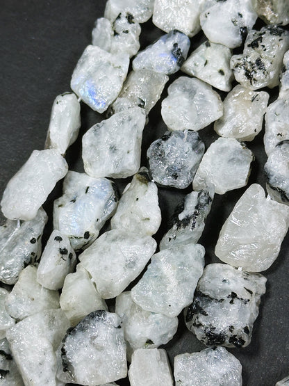 Natural Raw Moonstone Gemstone Bead Freeform Nugget Shape, Beautiful Natural White Moonstone w/ Black Inclusions Stone Bead 15.5" Strand