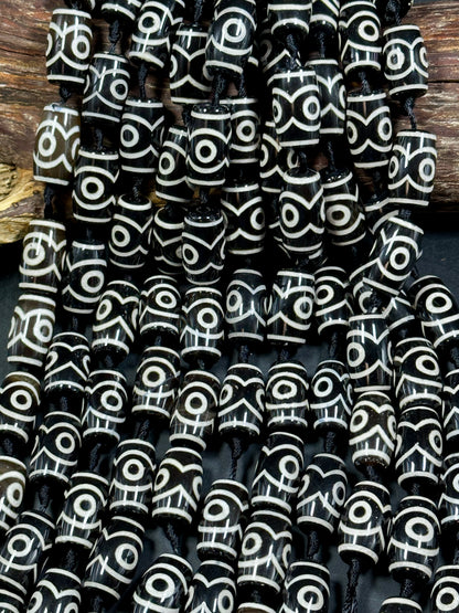 Natural Tibetan Gemstone Bead 24x14mm Barrel Shape Bead, Beautiful Black White Color Hand Painted Design Tibetan Gemstone Bead Great Quality