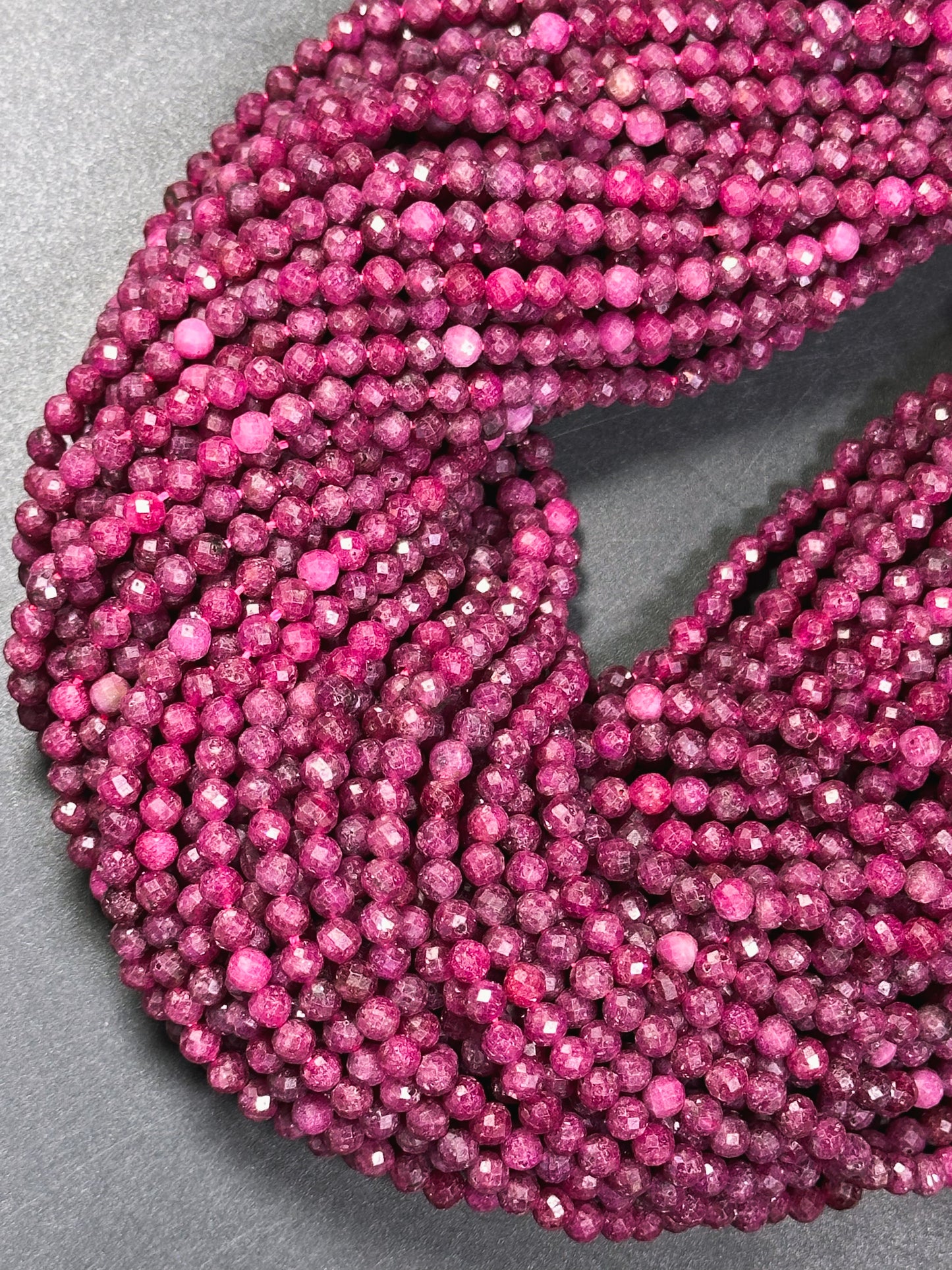 AAA Natural Red Ruby Faceted 3mm 4mm 5mm Round Bead, Beautiful Red Pink Color Ruby Gemstone Excellent Quality Full Strand 15.5"