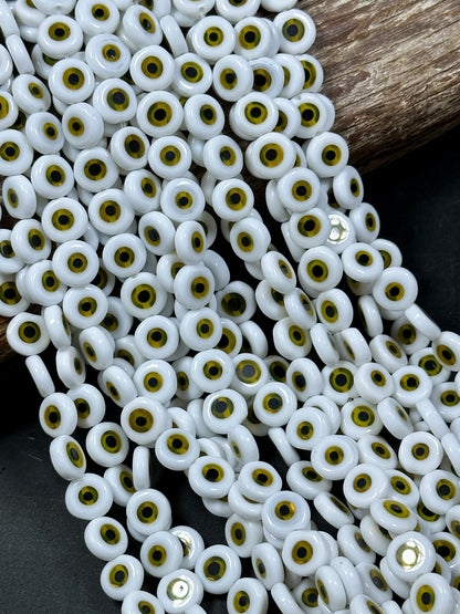 Beautiful Evil Eye Glass Beads 6mm 10mm Flat Coin Shape, Beautiful White with Yellow Evil Eye Glass Beads, Religious Amulet Prayer Beads