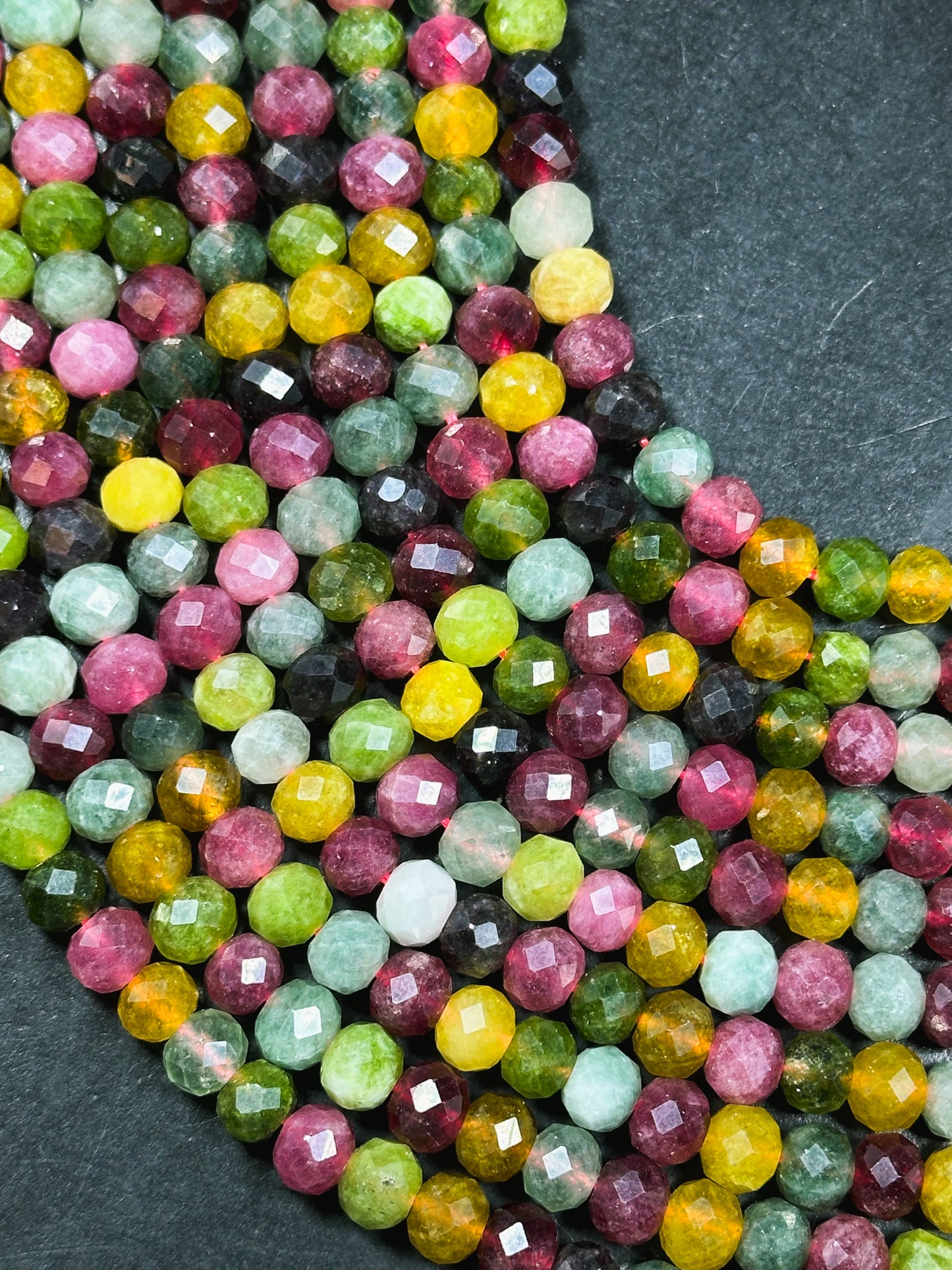 Natural Tourmaline Quartz Gemstone Bead Faceted Rondelle Shape Bead, Beautiful Multicolor Green Yellow Pink Tourmaline Quartz, 15.5" Strand