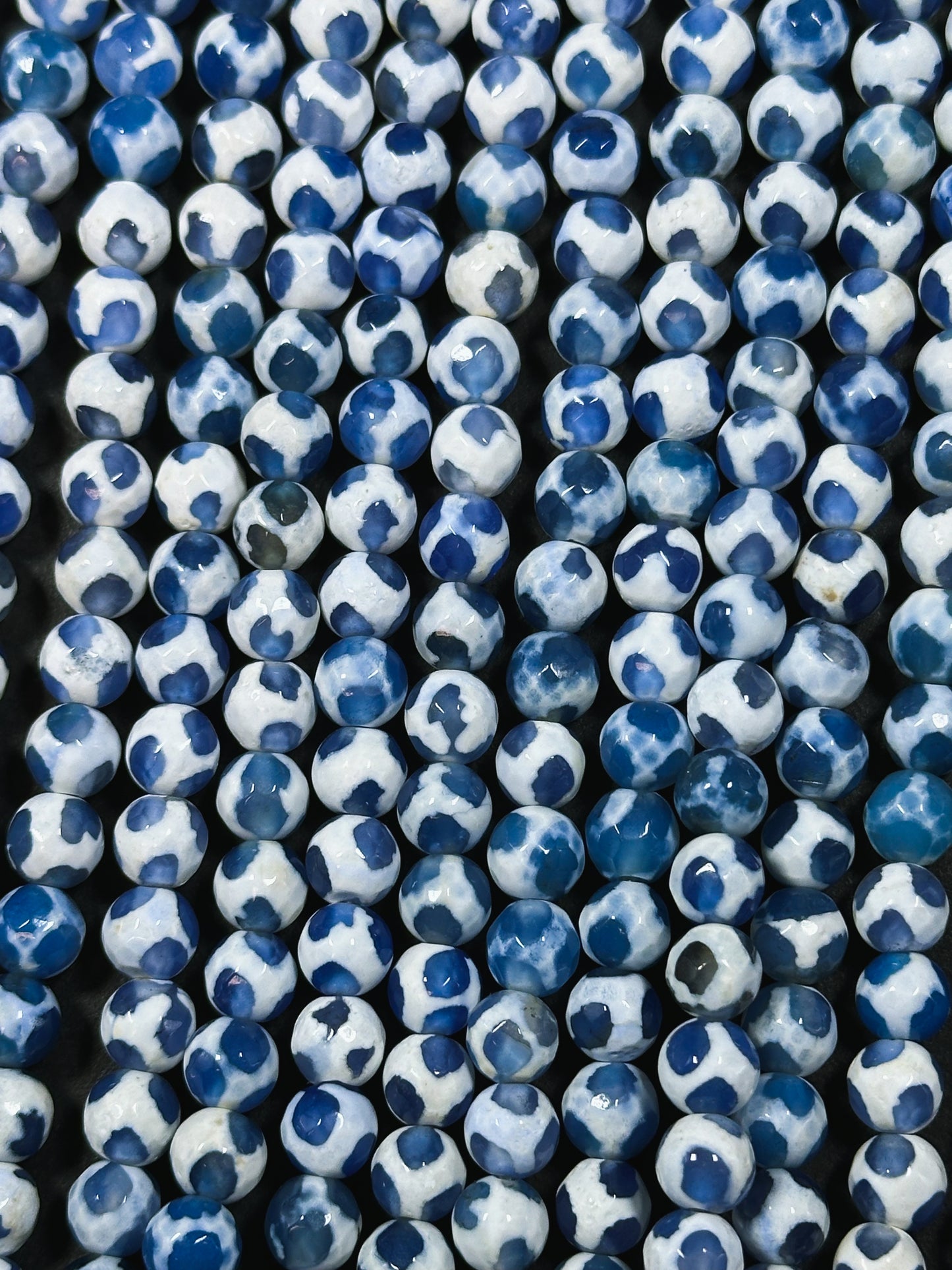 Natural Tibetan Agate Gemstone Bead Faceted 6mm Round Beads, Beautiful Hand Painted White Blue Soccer Ball Design Agate Bead Full 15" Strand