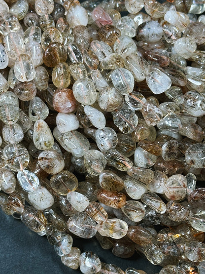 Natural Rutilated Quartz Gemstone Bead 8-12mm Freeform Pebble Shape, Gorgeous Natural Color Rutilated Quartz, Excellent Quality 15.5" Strand