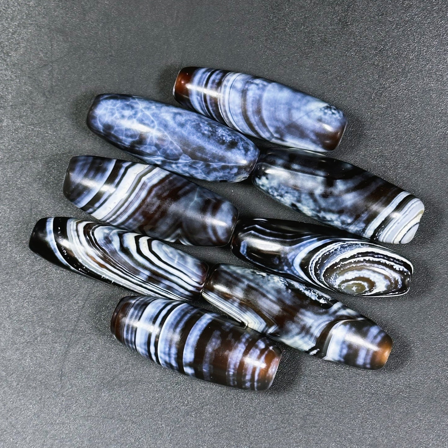 AAA Hand Painted Tibetan Gemstone Bead 35x12mm Barrel Shape Bead, Beautiful Navy Blue Black Color Unique Design Tibetan Agate LOOSE BEADS