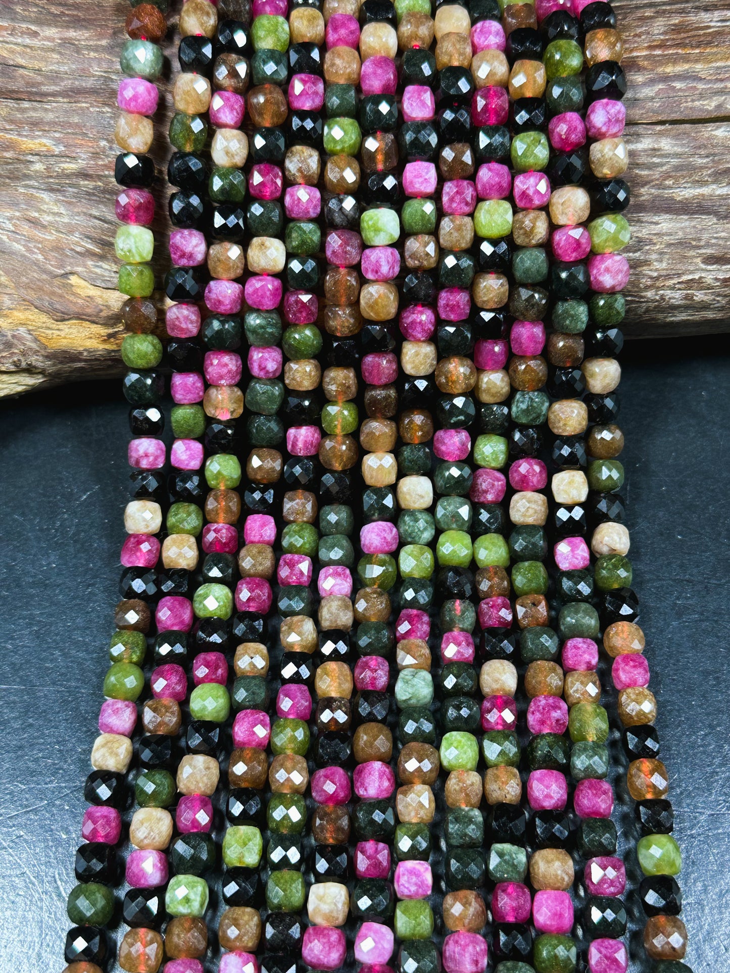 Natural Tourmaline Gemstone Bead Faceted 5mm 7mm Cube Shape, Beautiful Multicolor Black Pink Green Brown Tourmaline Bead, Full 15.5" Strand