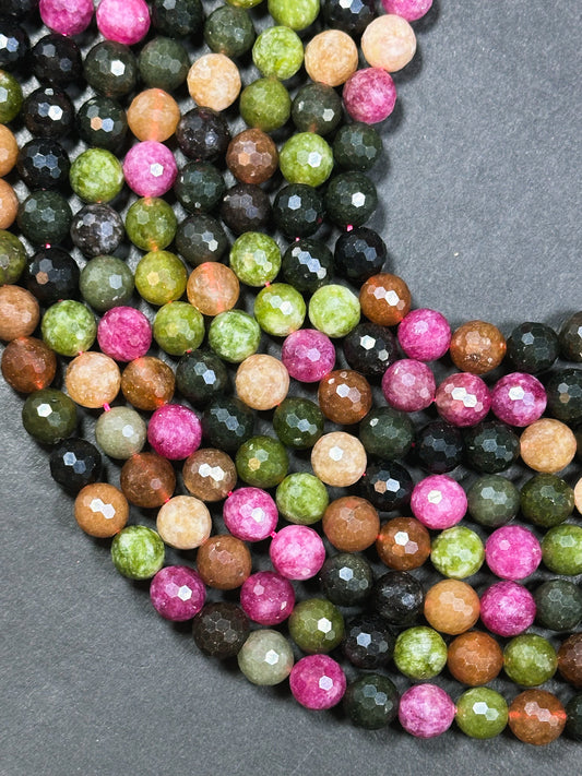 Natural Tourmaline Quartz Gemstone Bead Faceted 8mm 10mm Round Beads, Beautiful Multicolor Tourmaline Quartz Stone Beads, Full Strand 15.5"