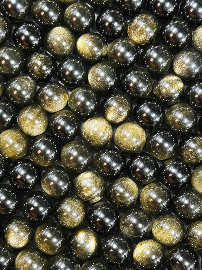 AAA Natural Gold Obsidian Gemstone Bead 6mm 8mm 10mm 12mm Round Bead, Gorgeous Black Gold Sheen Obsidian Bead, Excellent Quality Full Strand 15.5