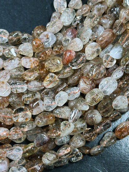 Natural Rutilated Quartz Gemstone Bead 8-12mm Freeform Pebble Shape, Gorgeous Natural Color Rutilated Quartz, Excellent Quality 15.5" Strand