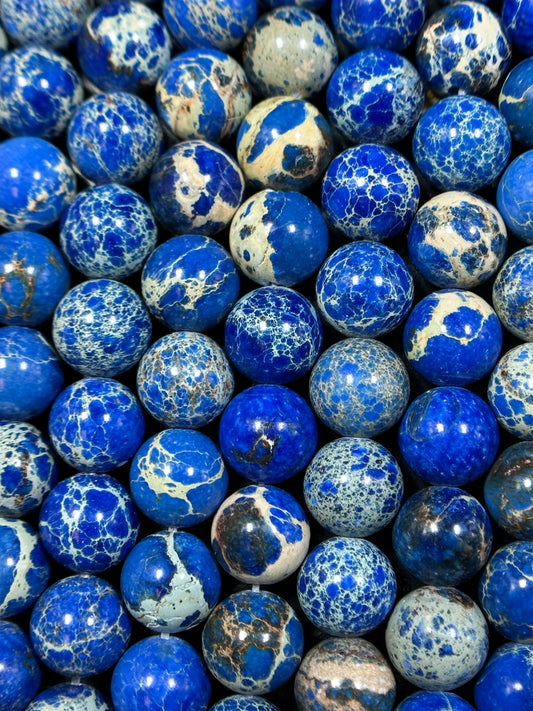 Natural Sea Sediment Jasper Gemstone Bead 8mm 10mm Round Beads, Beautiful Dark Royal Blue Color Imperial Jasper Beads Full Strand 15.5"