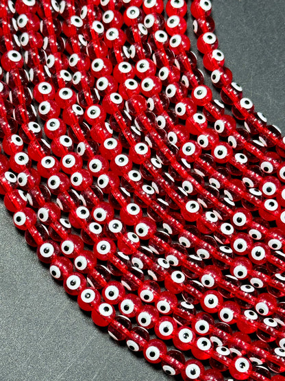 Beautiful Red Evil Eye Glass Beads 6mm Round Beads, Beautiful Red Clear Color Evil Eye Amulet Glass Beads, Full Strand Glass Beads