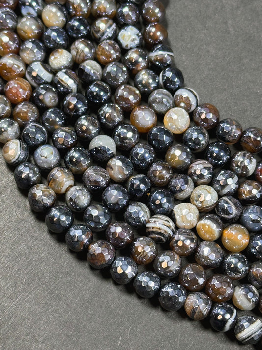 Mystic Natural Botswana Agate Gemstone Bead Faceted 8mm Round Beads, Beautiful Natural Brown Black Color Botswana Agate Stone Bead 15.5"