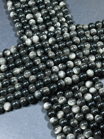 AAA Natural Silver Obsidian Gemstone Bead 6mm 8mm 10mm 12mm Round Bead, Gorgeous Black Silver Sheen Obsidian Beads, Excellent Quality Full Strand 15.5"