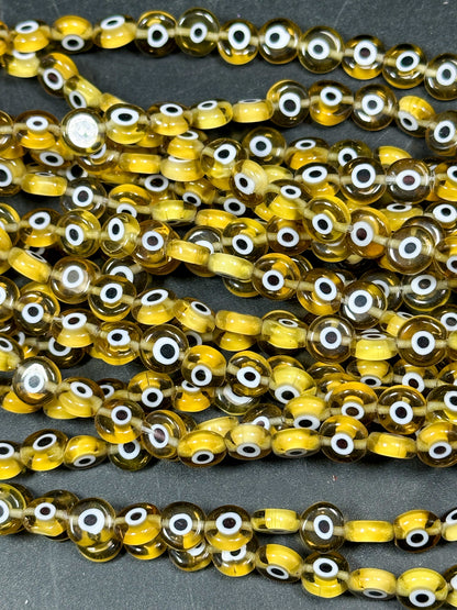 Beautiful Evil Eye Glass Beads 6mm 8mm Flat Coin Shape, Beautiful Yellow Clear Evil Eye Beads, Religious Amulet Prayer Beads