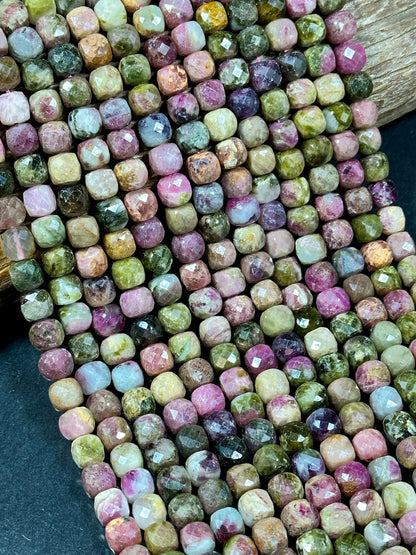 AA Natural Tourmaline Gemstone Beads Faceted 8mm Cube Shape, Beautiful Multicolor Tourmaline Gemstone Beads Full Strand 15.5"