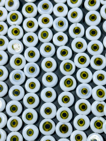 Beautiful Evil Eye Glass Beads 6mm 10mm Flat Coin Shape, Beautiful White with Yellow Evil Eye Glass Beads, Religious Amulet Prayer Beads