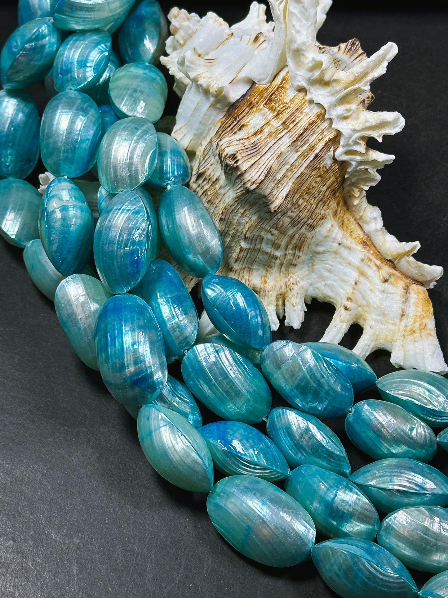 Natural Blue Sea Shell Beads, Natural 24x12mm Sea Shell Oval Shape Beads, Gorgeous Aqua Sea Blue Color Sea Shell Beads, 15.5" Strand