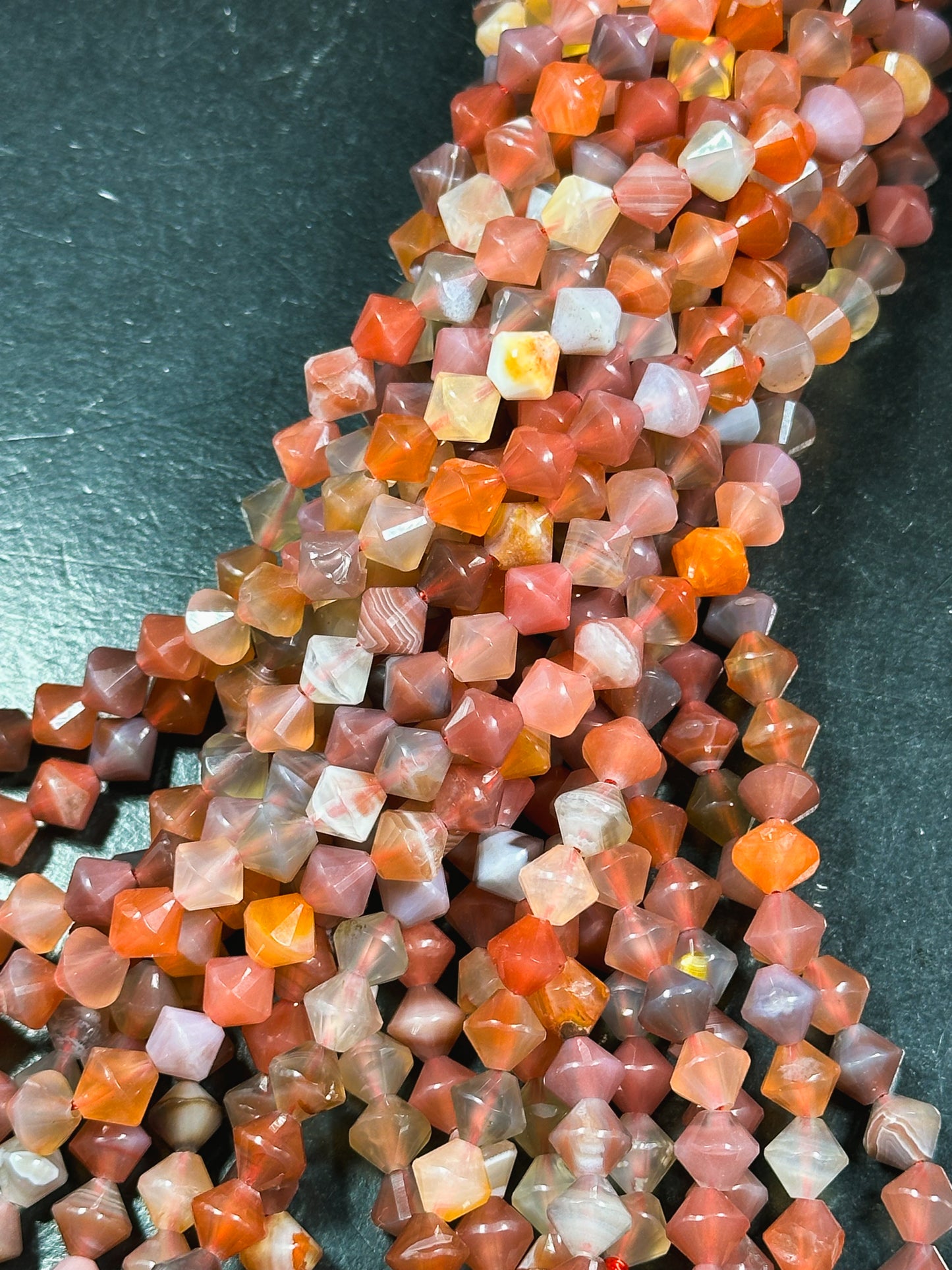 Natural Botswana Agate Gemstone Bead Faceted 8mm Bicone Diamond Shape Bead, Beautiful Natural Multicolor Orange Agate Bead Full Strand 15.5"