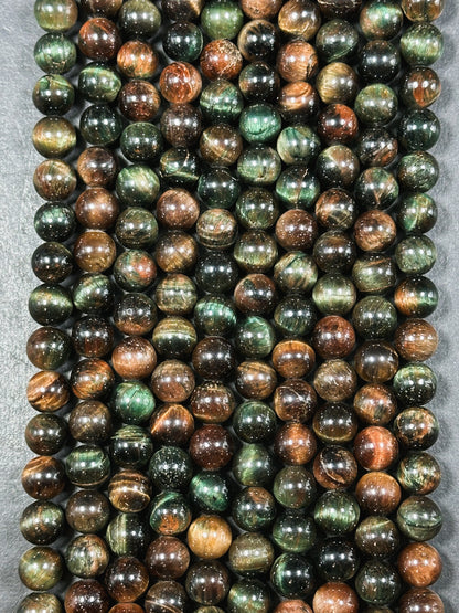 Natural Multicolor Tiger Eye Gemstone 8mm 10mm Round Beads, Gorgeous Multicolor Brown Navy Turquoise Color Tiger Eye Gemstone Beads 15.5"