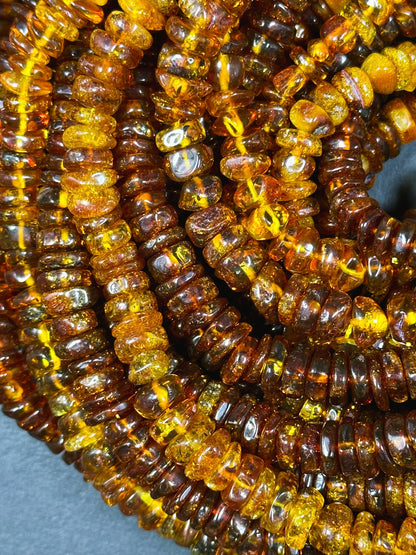 Natural Baltic Amber Gold Stone Bead 8-10mm Rondelle Shape, Beautiful Dark Golden Orange Color Baltic Amber Gold Succinite Beads, Great Quality Full Strand 15.5"